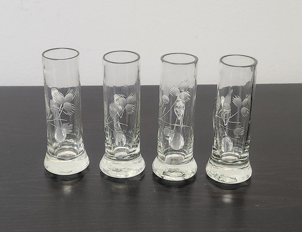 Vintage Etched Floral Design on Crystal Handled Shot/Cordial Glasses-Set of 4